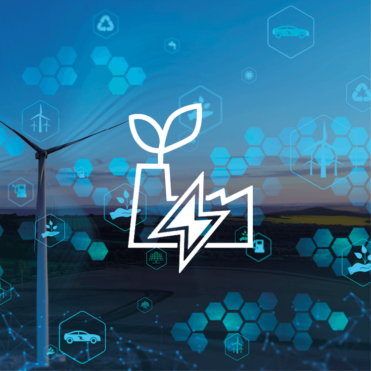 Icon of a factory on a blue-coloured background with a wind turbine and other icons for renewable energies